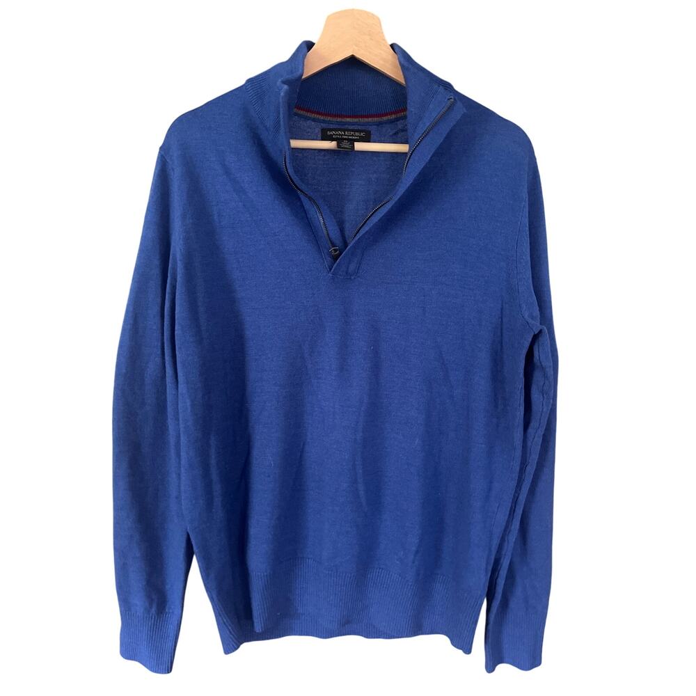 Banana Republic Mens Quarter Zip Extra Fine Merino Wool Sweater Blue Size Medium